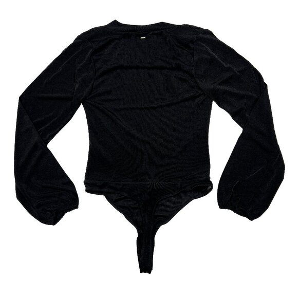 Guess Esme Bodysuit Shawl Neck with Snap Thong Shiny Sheer Black Size L - NWOT - Picture 4 of 9